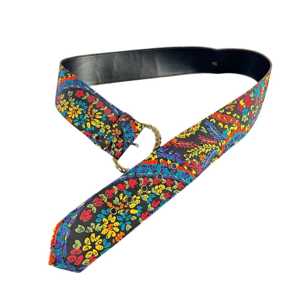 Vintage Waist Belt- Golden BUckle- Listed as Sz 14- Dark Bright Florals- 37"
